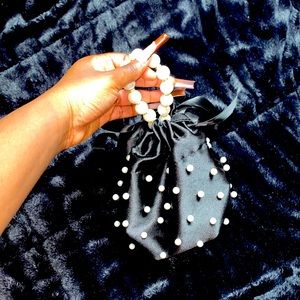 Faux Pearl & Rhinestone Decor Bucket Black Purse